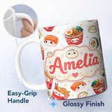Personalized Custom Name Cute Kawaii Sushi Ramen Dumpling Food White Background Seamless 11oz Ceramic Coffee Tea Mug White Large Handle