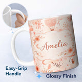 Personalized Custom Name Coral Floral Hot Air Balloon Nursery Pattern Seamless Watercolour 11oz Ceramic Coffee Tea Mug White Large Handle