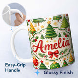 Personalized Custom Name Stylized Christmas Trees with Baubles and Ornaments Cute Seamless 11oz Ceramic Coffee Tea Mug White Large Handle