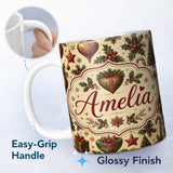 Personalized Custom Name Vintage Christmas Ornaments Holly Berries, Candy Canes Classic 11oz Ceramic Coffee Tea Mug White Large Handle
