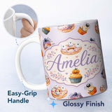 Personalized Custom Name Halloween Donuts Cupcakes Spiders and Ghosts Cute Soft Lilac Lovely 11oz Ceramic Coffee Tea Mug White Large Handle