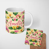 Personalized Custom Name Tropical Flamingo with Hibiscus Flowers and Leaves Warm Yellow 11oz Ceramic Coffee Tea Mug White Large Handle