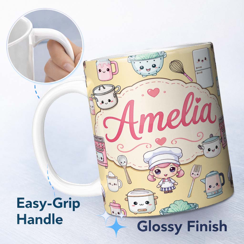 Personalized Custom Name Cute Kawaii Kitchen Utensils And Chef Girl Seamless Pattern Beige 11oz Ceramic Coffee Tea Mug White Large Handle