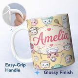 Personalized Custom Name Cute Kawaii Kitchen Utensils And Chef Girl Seamless Pattern Beige 11oz Ceramic Coffee Tea Mug White Large Handle