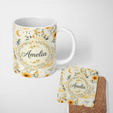 Personalized Custom Name Soft Yellow Clouds Moon and Floral Dream Pattern Seamless Design 11oz Ceramic Coffee Tea Mug White Large Handle