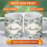 Personalized Custom Name Vintage Botanical Floral Sketch Pattern Blue Background Lovely 11oz Ceramic Coffee Tea Mug White Large Handle