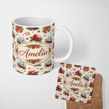 Personalized Custom Name Christmas Bells Candles Snow Globe Gingerbread Seamless Pattern 11oz Ceramic Coffee Tea Mug White Large Handle