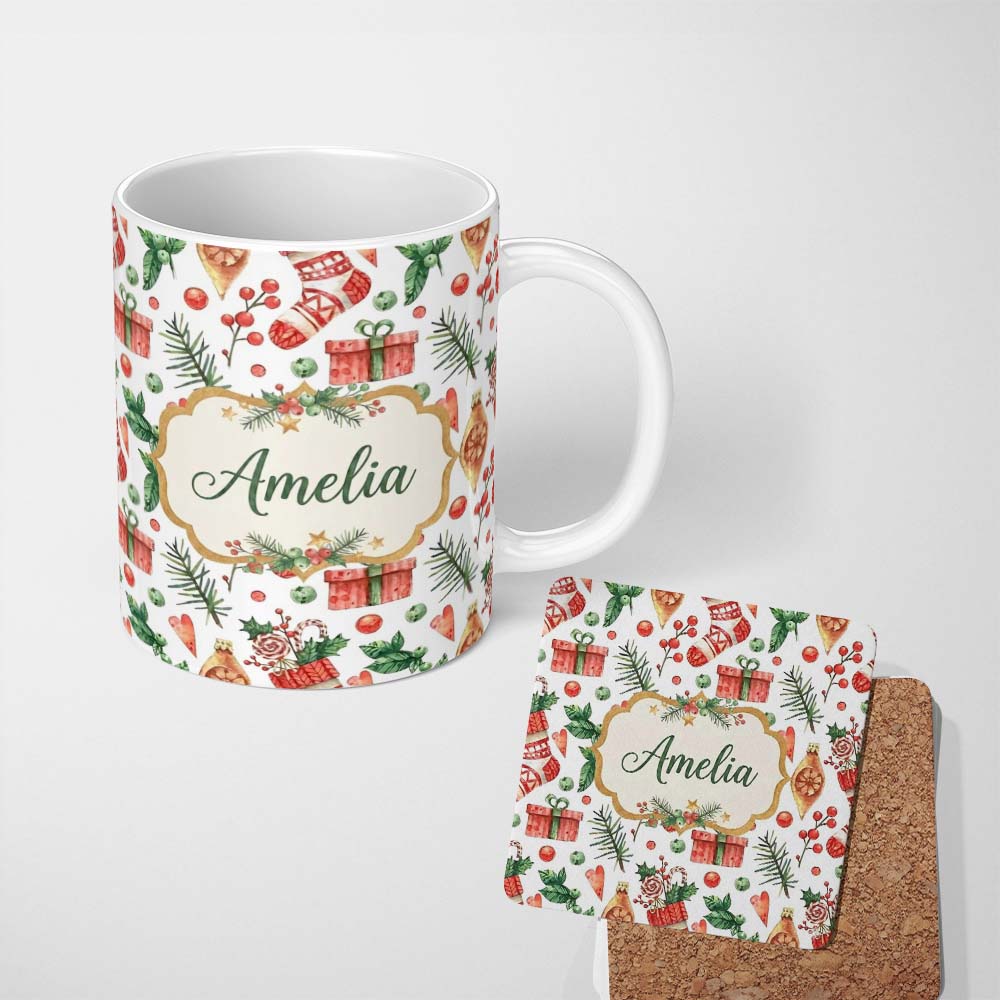 Personalized Custom Name Watercolor Christmas Stocking Pine Branch Seamless Pattern Lovely 11oz Ceramic Coffee Tea Mug White Large Handle