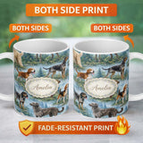 Personalized Custom Name Watercolor Hunting Dogs Forest Nature Seamless Pattern Lovely 11oz Ceramic Coffee Tea Mug White Large Handle