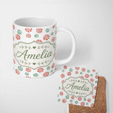 Personalized Custom Name Festive Candy Swirl Red and Green Peppermint Seamless Pattern Lovely 11oz Ceramic Coffee Tea Mug White Large Handle