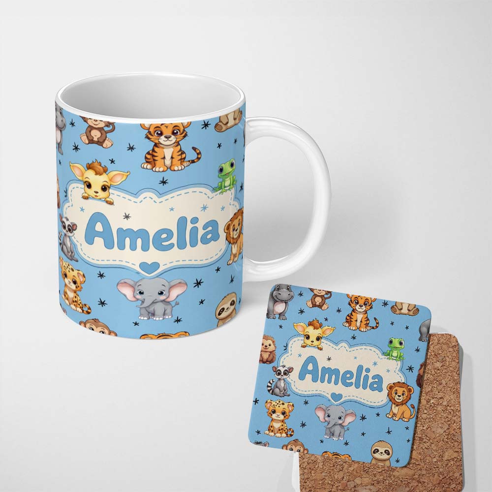 Personalized Custom Name Cute Cartoon Safari Animals with Stars on Blue Background Nursery 11oz Ceramic Coffee Tea Mug White Large Handle