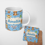 Personalized Custom Name Cute Cartoon Safari Animals with Stars on Blue Background Nursery 11oz Ceramic Coffee Tea Mug White Large Handle
