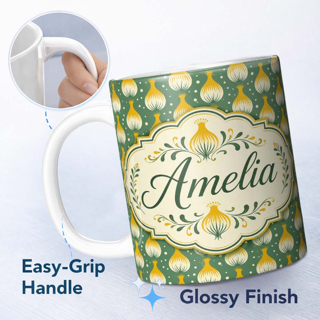 Personalized Custom Name Geometric Onion Motif Pattern Green Background Modern Minimal Design 11oz Ceramic Coffee Tea Mug White Large Handle