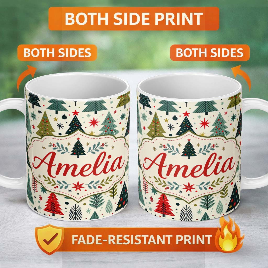 Personalized Custom Name Cute Scandinavian Christmas Tree Folk Art Seamless Pattern Lovely 11oz Ceramic Coffee Tea Mug White Large Handle