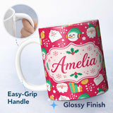 Custom Name Cute Santa Snowman Christmas Letter Gift Seamless Pattern Lovely 11oz Ceramic Coffee Tea Mug White Large Handle