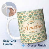 Personalized Custom Name Stylised Green Trees with Orange Berries Seamless Retro Pattern 11oz Ceramic Coffee Tea Mug White Large Handle