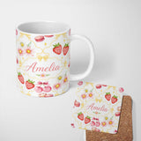 Personalized Custom Name Strawberry Cherry Daisy Floral Bow Sweet Dessert Yellow Outline 11oz Ceramic Coffee Tea Mug White Large Handle