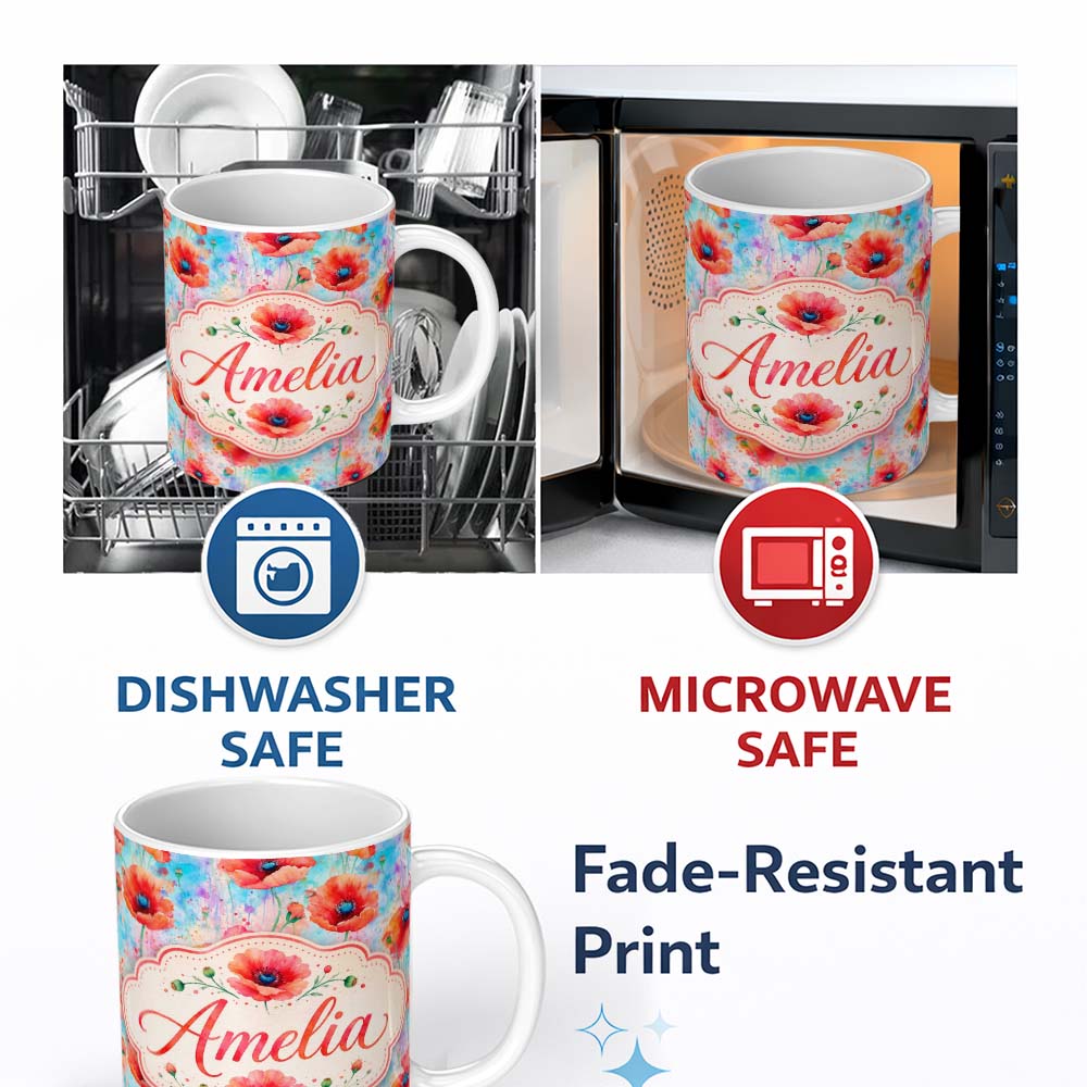 Personalized Custom Name Bright Poppy Flowers on Soft Blue Watercolor Background Seamless 11oz Ceramic Coffee Tea Mug White Large Handle