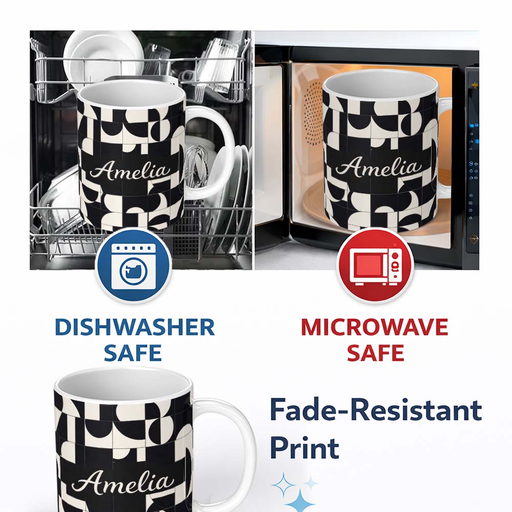 Personalized Custom Name Abstract Cutout Grid Black Cream Modern Geometric Pattern Lovely 11oz Ceramic Coffee Tea Mug White Large Handle