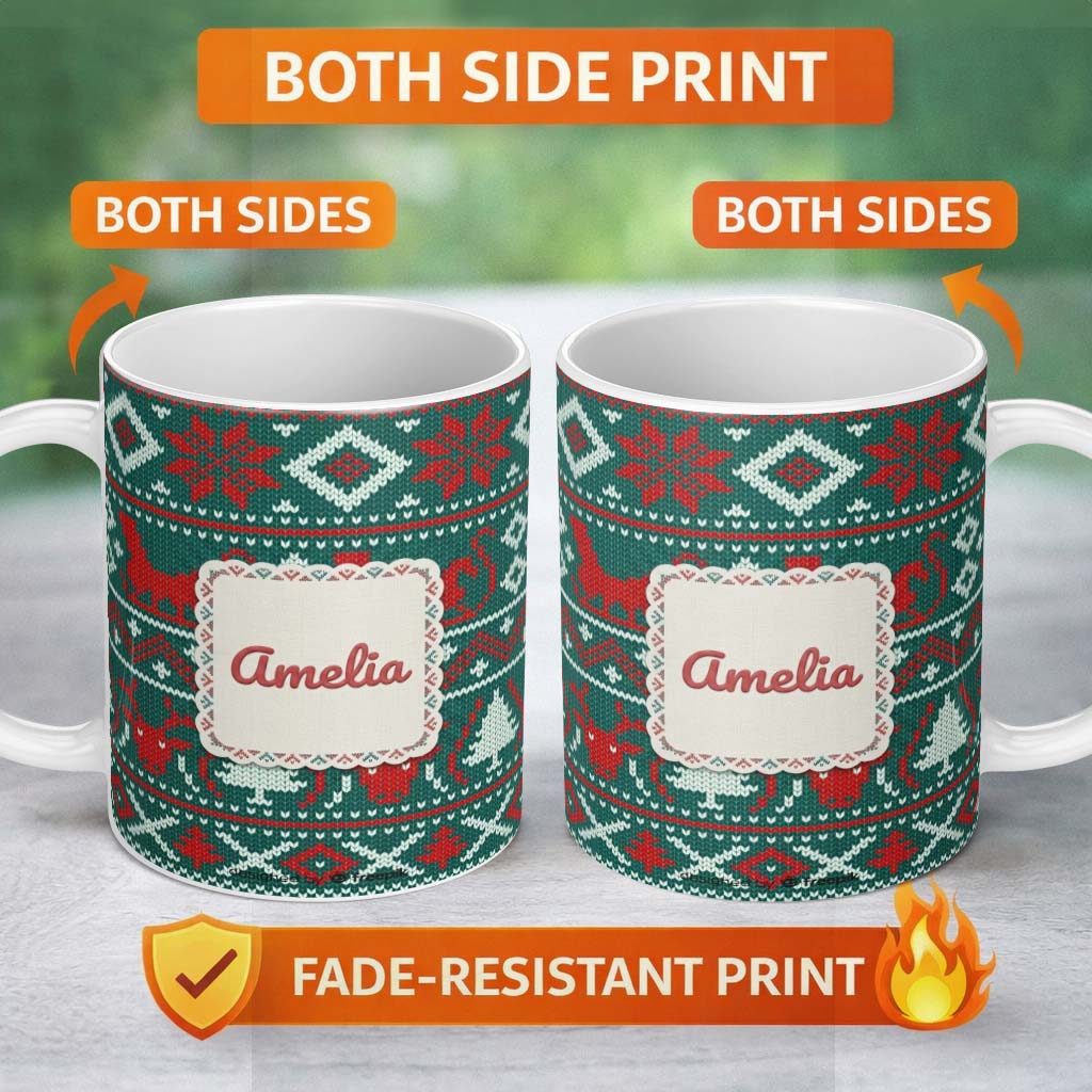 Personalized Custom Name Scandinavian Reindeer Snowflake Knit Pattern Green Background Lovely 11oz Ceramic Coffee Tea Mug White Large Handle