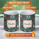 Personalized Custom Name Scandinavian Reindeer Snowflake Knit Pattern Green Background Lovely 11oz Ceramic Coffee Tea Mug White Large Handle