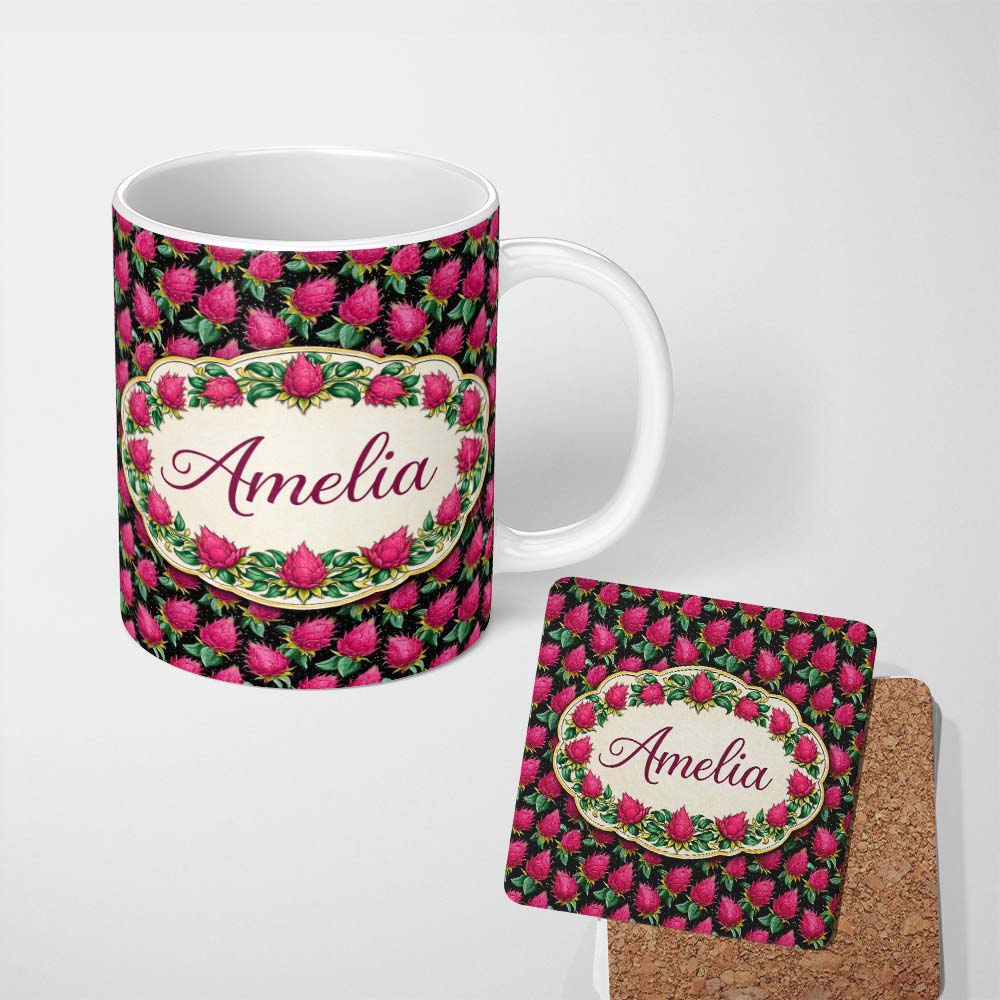 Personalized Custom Name Dragon Fruit Pattern with Green Leaves on Dark Background Lovely 11oz Ceramic Coffee Tea Mug White Large Handle