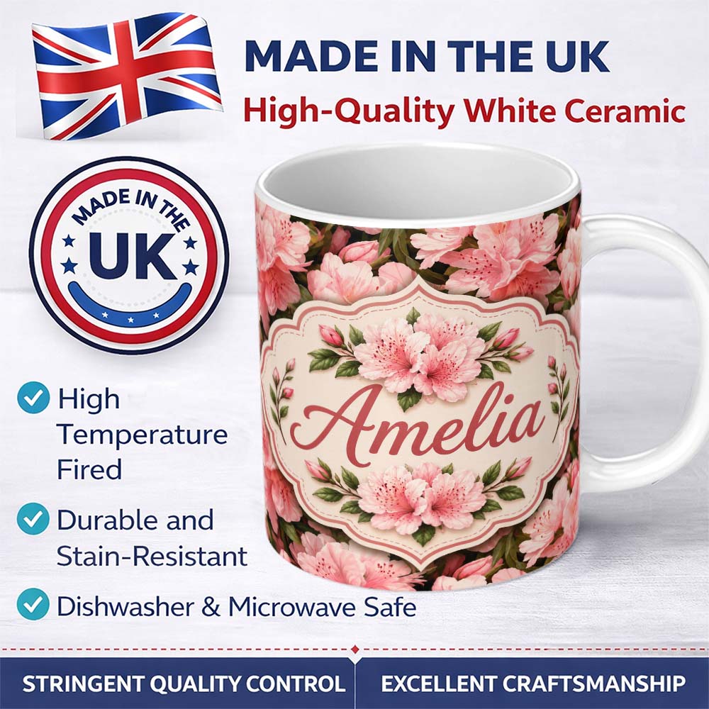 Personalized Custom Name Blush Pink Azalea Bloom Cluster Seamless Pattern Cute Unique Gift 11oz Ceramic Coffee Tea Mug White Large Handle