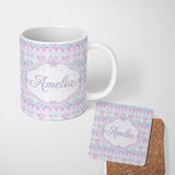 Personalized Custom Name Pastel Art Deco Floral Motif Soft Gradient Seamless Pattern Lovely 11oz Ceramic Coffee Tea Mug White Large Handle