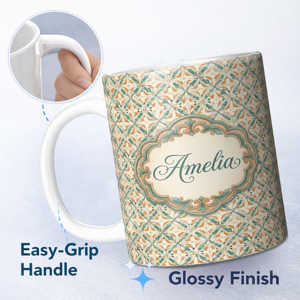 Personalized Custom Name Orange Teal Geometric Floral Tile Seamless Pattern Cute Unique Gift 11oz Ceramic Coffee Tea Mug White Large Handle