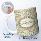 Personalized Custom Name Orange Teal Geometric Floral Tile Seamless Pattern Cute Unique Gift 11oz Ceramic Coffee Tea Mug White Large Handle