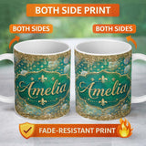 Personalized Custom Name Teal Gold Fleur De Lis Ornament Seamless Pattern Design Elegant Luxe 11oz Ceramic Coffee Tea Mug White Large Handle