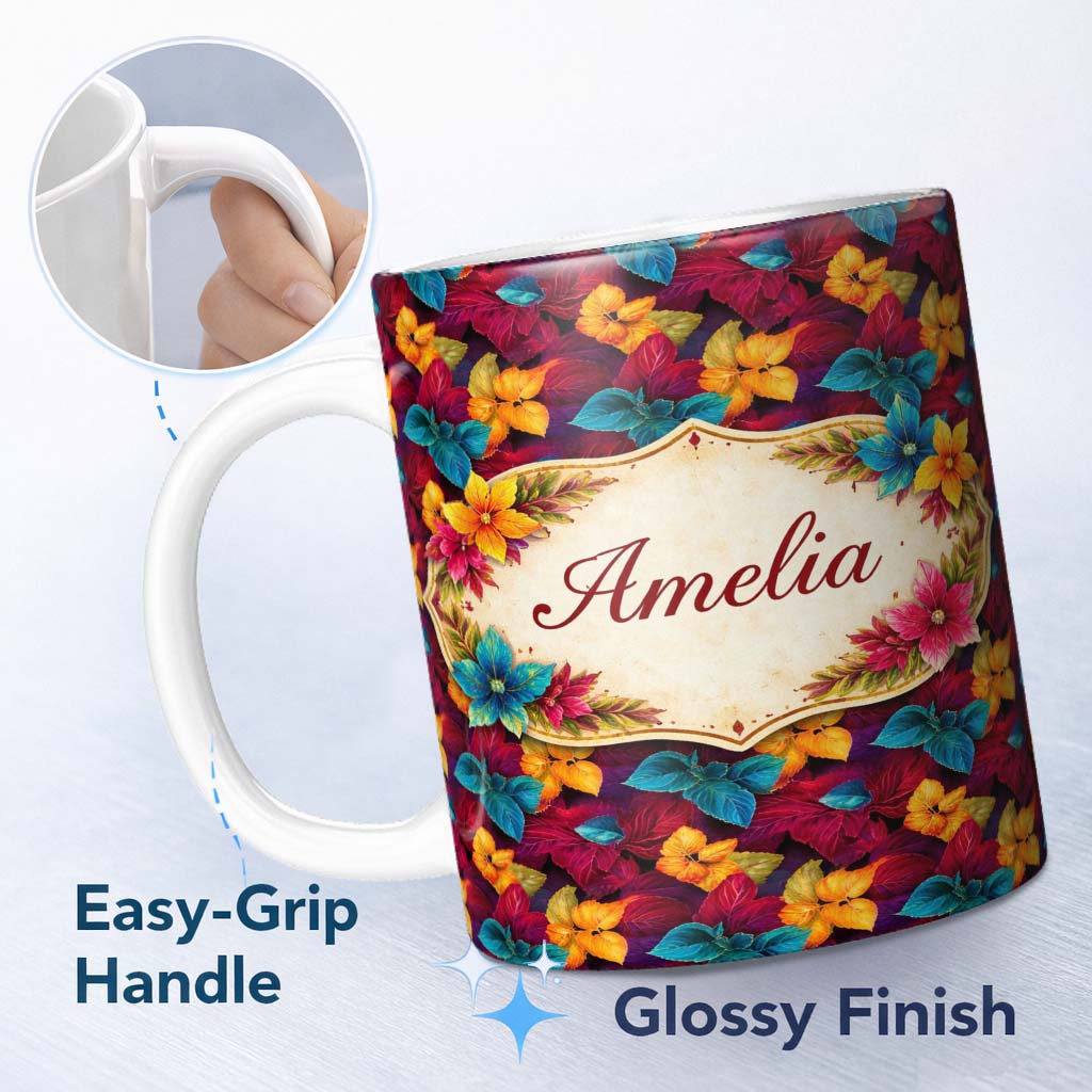 Personalized Custom Name Multicolor Autumn Leaves Dense Seamless Pattern Cute Unique Gift 11oz Ceramic Coffee Tea Mug White Large Handle