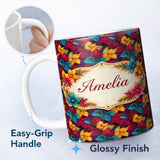 Personalized Custom Name Multicolor Autumn Leaves Dense Seamless Pattern Cute Unique Gift 11oz Ceramic Coffee Tea Mug White Large Handle