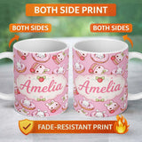 Personalized Custom Name Cute Kawaii Bunny Donuts Strawberry Dessert Pattern Soft Pink Lovely 11oz Ceramic Coffee Tea Mug White Large Handle
