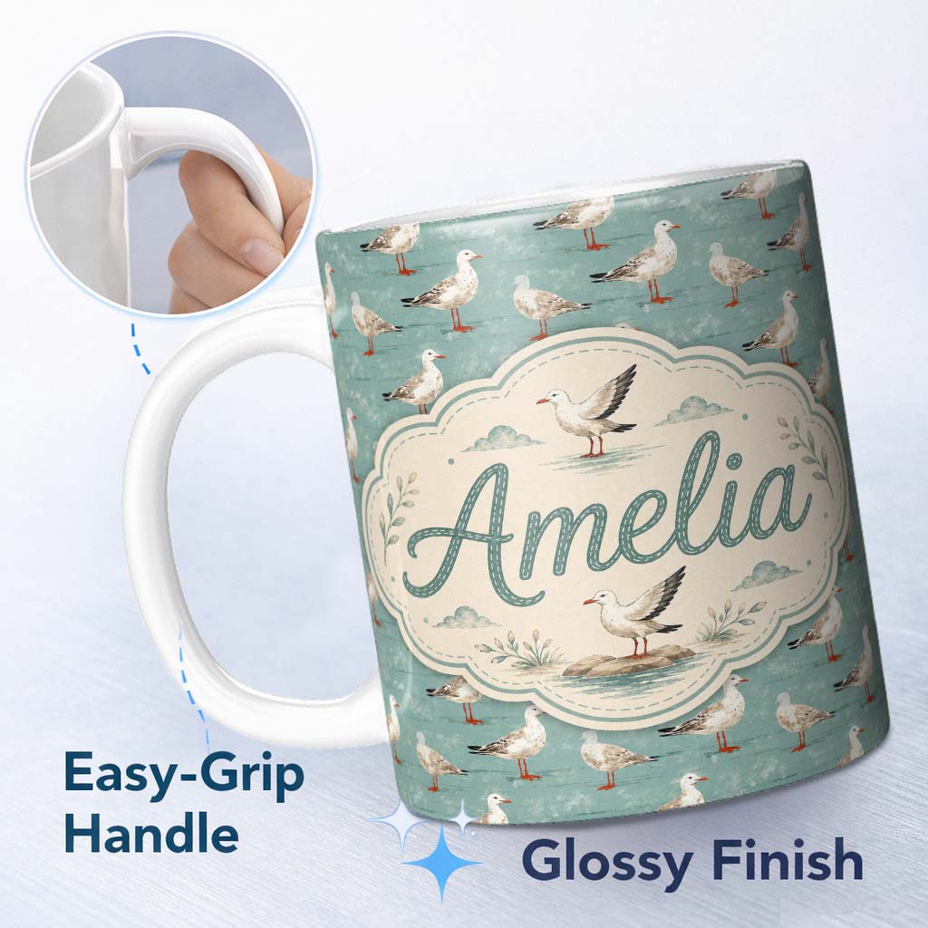 Personalized Custom Name Vintage Seagulls Standing on Textured Coastal Background Seamless 11oz Ceramic Coffee Tea Mug White Large Handle