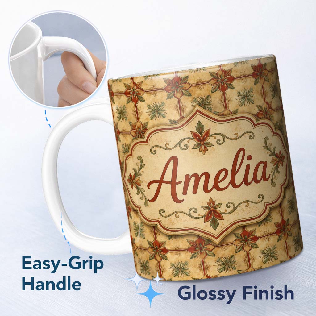 Personalized Custom Name Vintage Floral Tile Pattern in Warm Beige and Terracotta Geometric 11oz Ceramic Coffee Tea Mug White Large Handle
