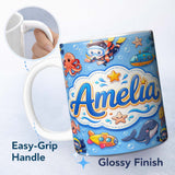 Personalized Custom Name Kids Scuba Divers Submarine Jellyfish Ocean Animals Blue Background 11oz Ceramic Coffee Tea Mug White Large Handle