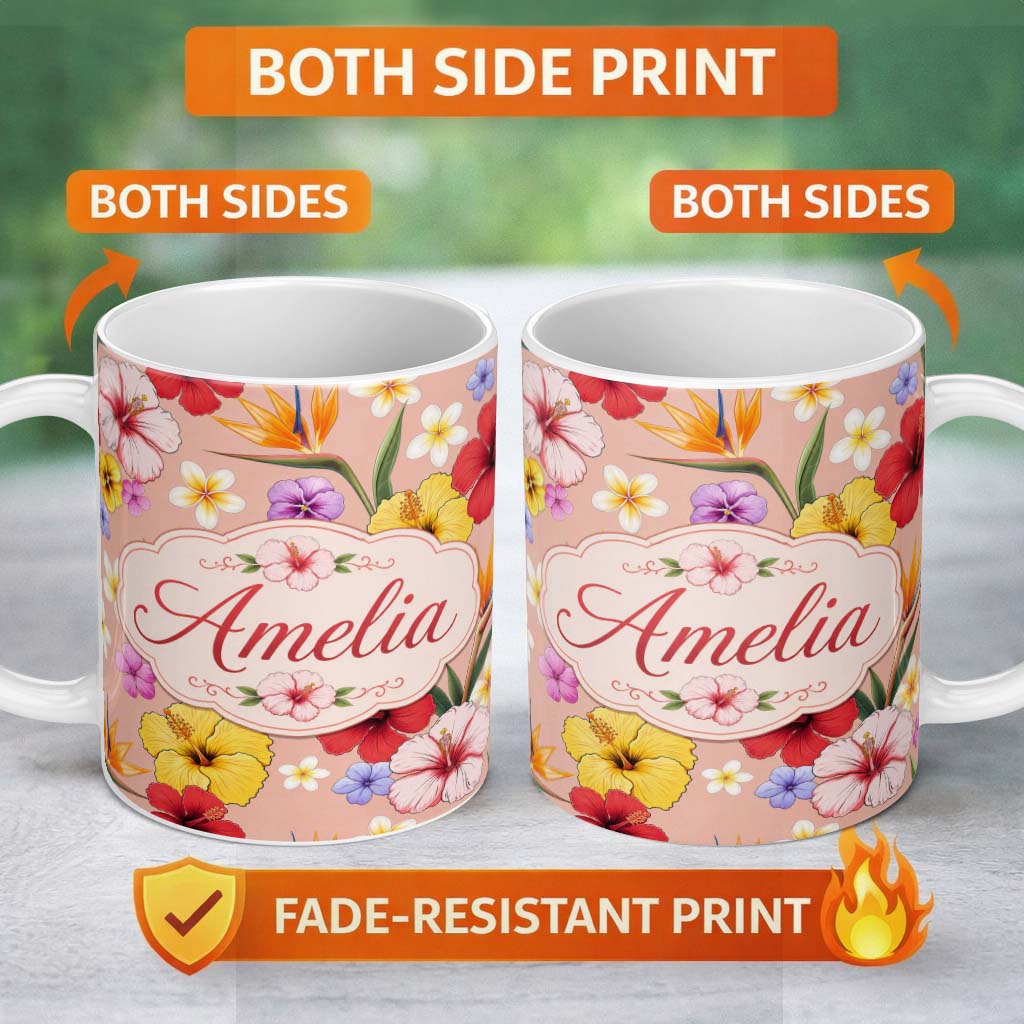 Personalized Custom Name Tropical Hibiscus Bird of Paradise Seamless Pattern Peach Background 11oz Ceramic Coffee Tea Mug White Large Handle