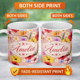 Personalized Custom Name Tropical Hibiscus Bird of Paradise Seamless Pattern Peach Background 11oz Ceramic Coffee Tea Mug White Large Handle