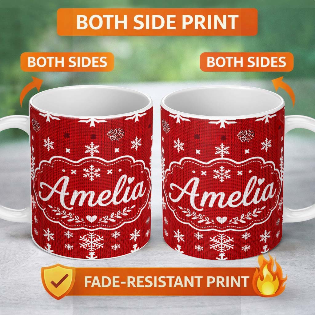 Personalized Custom Name Red White Christmas Tree Snowflake Knit Seamless Pattern Lovely 11oz Ceramic Coffee Tea Mug White Large Handle
