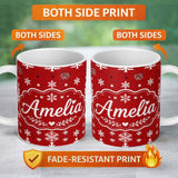 Personalized Custom Name Red White Christmas Tree Snowflake Knit Seamless Pattern Lovely 11oz Ceramic Coffee Tea Mug White Large Handle