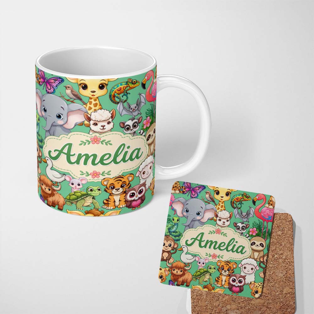 Personalized Custom Name Cute Cartoon Jungle Safari Animals Seamless Pattern on Green Lovely 11oz Ceramic Coffee Tea Mug White Large Handle