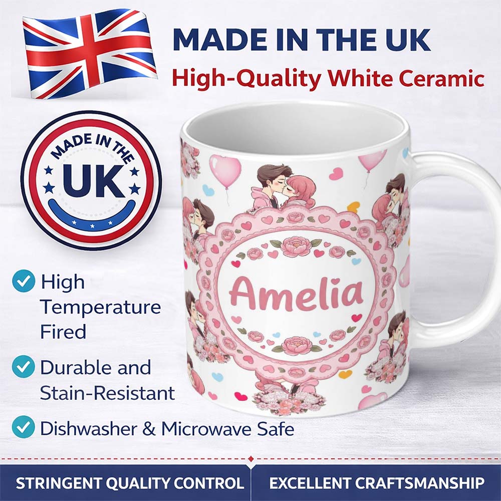 Personalized Custom Name Romantic Couple Kissing Floral Bouquet Hearts Seamless Pattern Grey 11oz Ceramic Coffee Tea Mug White Large Handle
