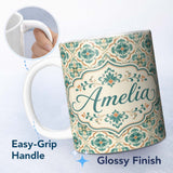 Personalized Custom Name Teal and Cream Ornamental Floral Tile Pattern with Subtle Orange 11oz Ceramic Coffee Tea Mug White Large Handle
