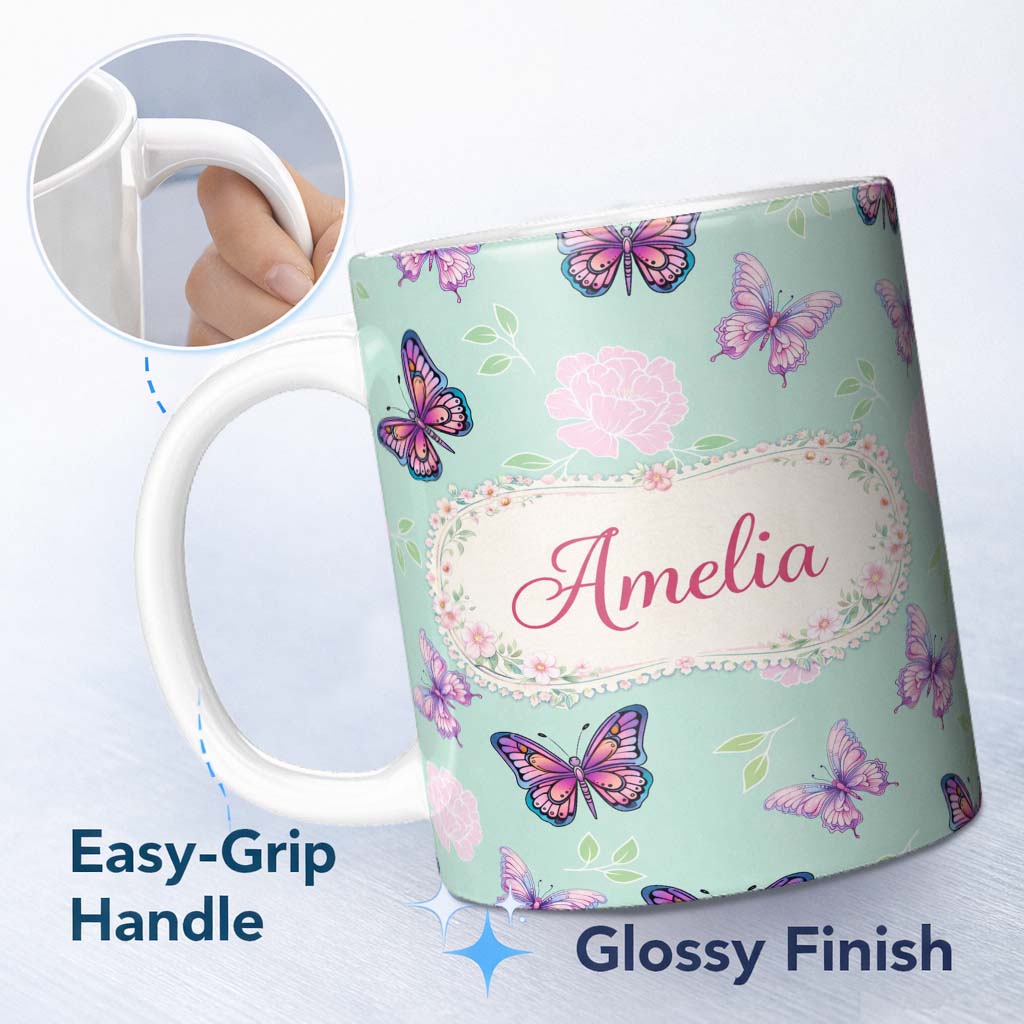 Personalized Custom Name Pink Purple Butterfly Floral Teal Background Seamless Pattern Lovely 11oz Ceramic Coffee Tea Mug White Large Handle