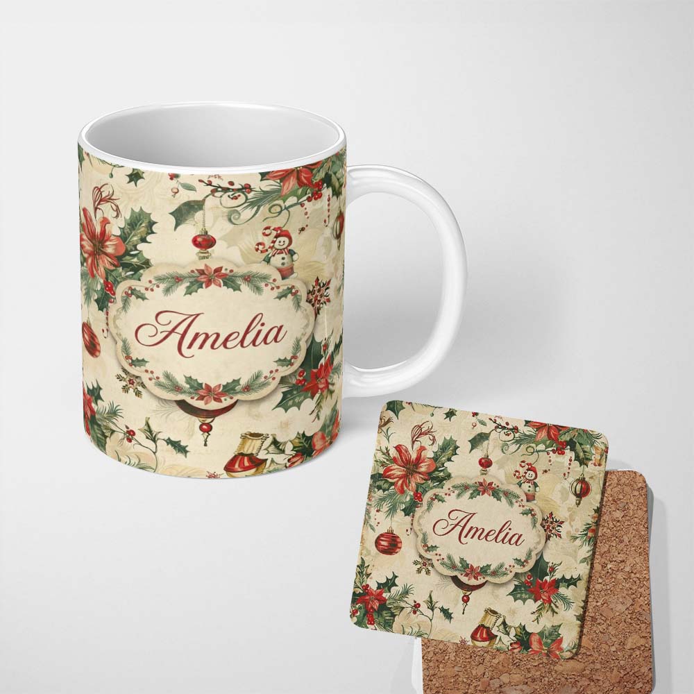 Personalized Custom Name Elegant Christmas Floral Holly Ornaments Snowflakes and Festive 11oz Ceramic Coffee Tea Mug White Large Handle