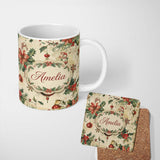 Personalized Custom Name Elegant Christmas Floral Holly Ornaments Snowflakes and Festive 11oz Ceramic Coffee Tea Mug White Large Handle