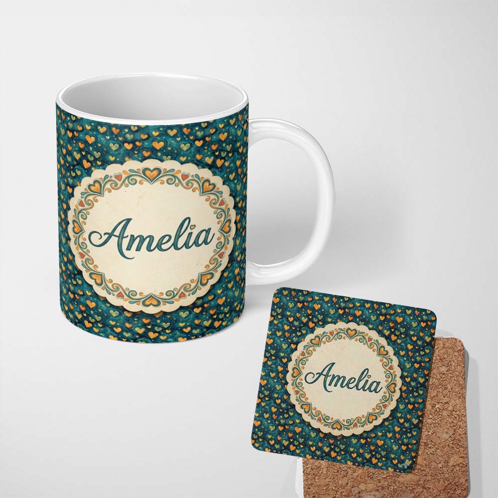 Personalized Custom Name Artistic Blue and Gold Heart Swirl Textured Seamless Pattern Lovely 11oz Ceramic Coffee Tea Mug White Large Handle