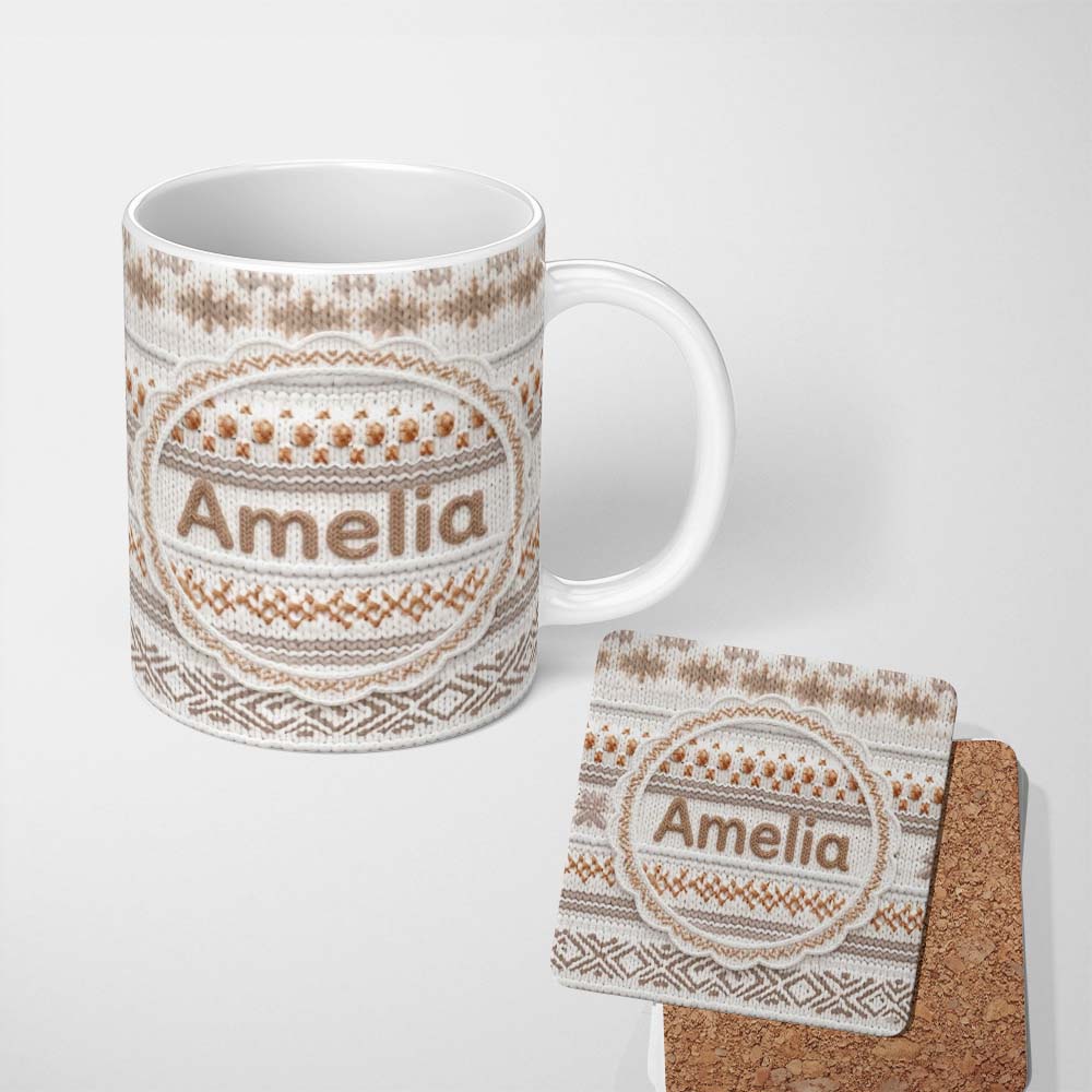 Personalized Custom Name Cute Knitted Nordic Snowflake Pattern Winter Cozy Seamless Pattern 11oz Ceramic Coffee Tea Mug White Large Handle