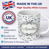 Personalized Custom Name Winter Botanical Leaves Pine Branch Blue Tones Seamless Pattern 11oz Ceramic Coffee Tea Mug White Large Handle